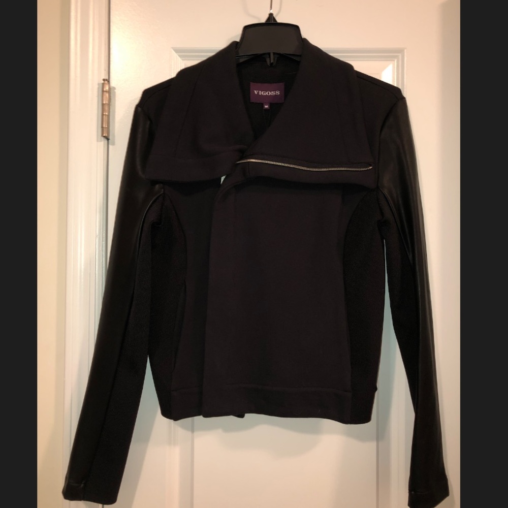 Black Faux Leather Sleeved Bomber Jacket